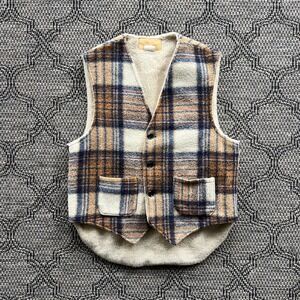 Vintage Vest Mens Large Brown Blue Wool Blend Plaid Sherpa Lined Workwear Cabin